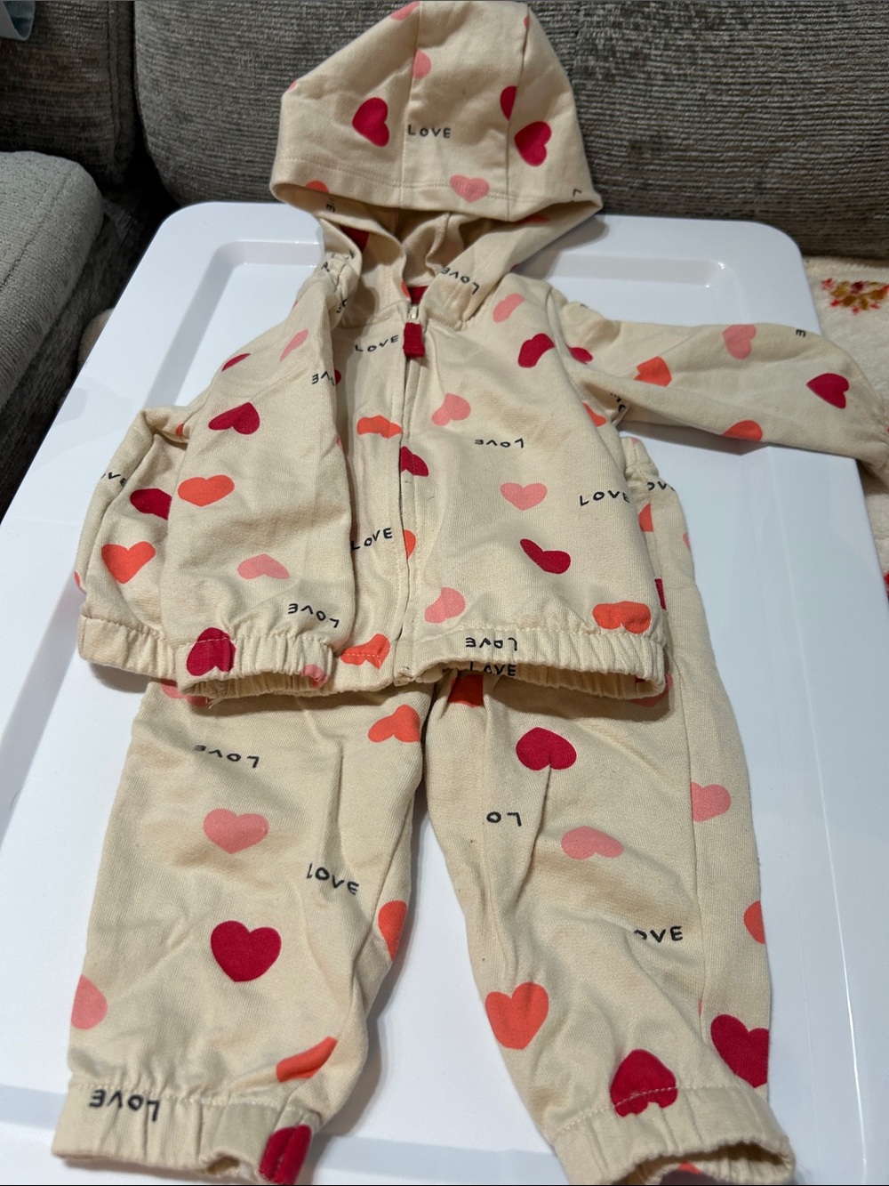 Carter's Cream Hoodie & Pants Set with Pink, Coral, and Red Hearts